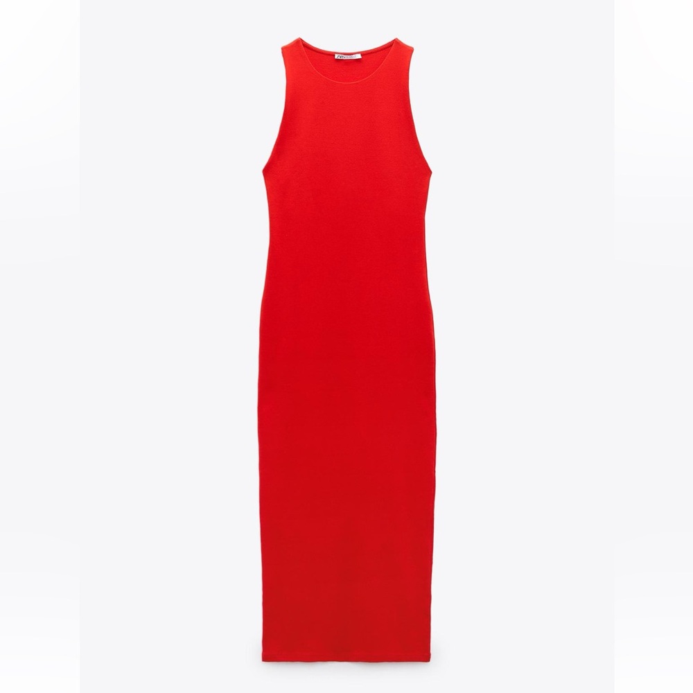 ZARA High Neck Red Jersey Halter Midi Dress